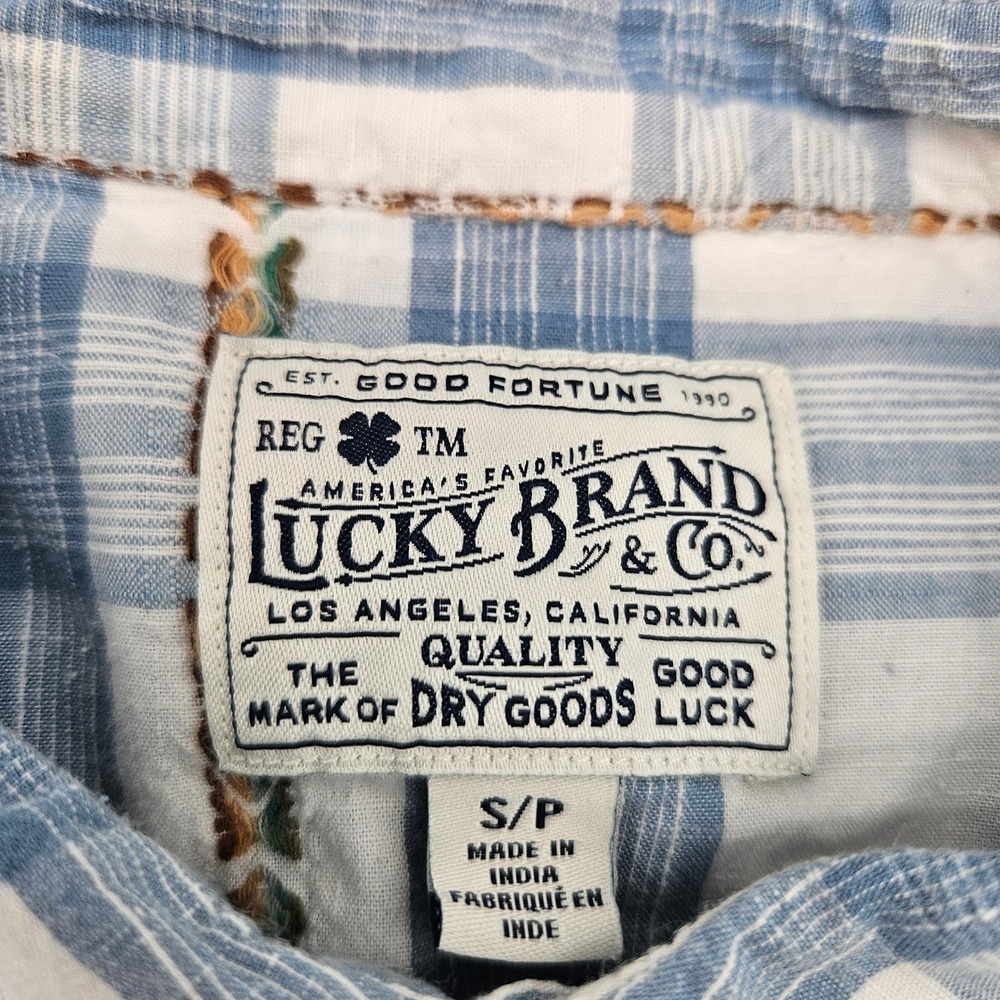 Lucky Brand Short Sleeve Plaid Western Shirt S P Blue‎ White Embroidered - Picture 2 of 6